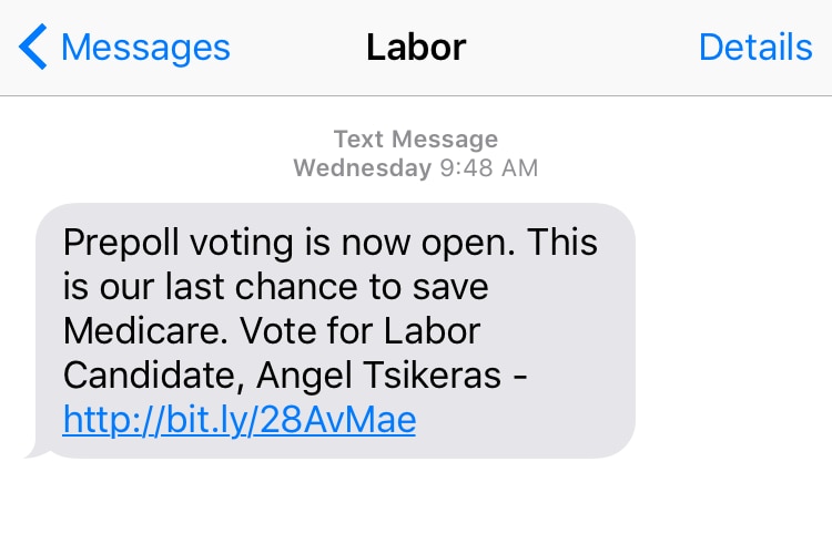 A text message telling a voter in the electorate of Reid to vote for Labor.