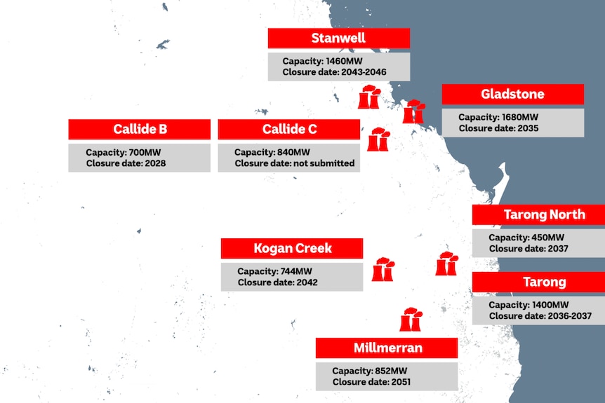 A graphic of coal-fired power stations across Queensland