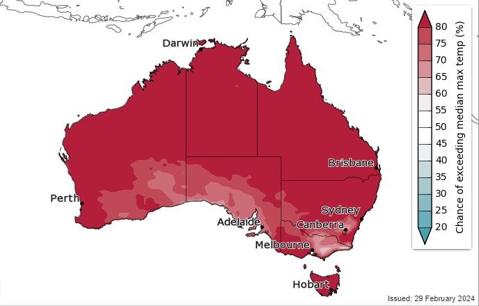 The first map shows the Bureau is tipping warmer than average days for autumn nationwide.