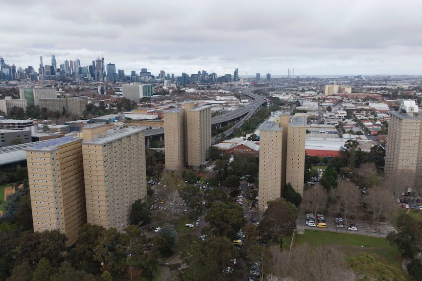 An aerial view of public housing towers in Flemington