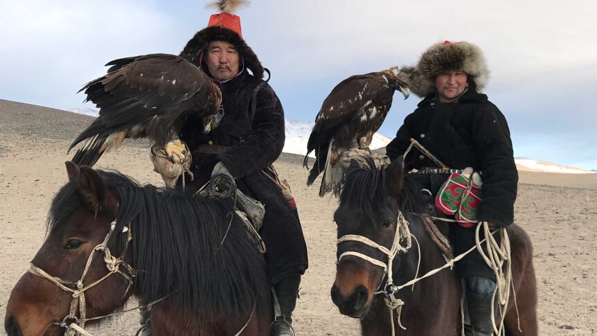 Mongolian eagle hunters riding horses. April 2017.