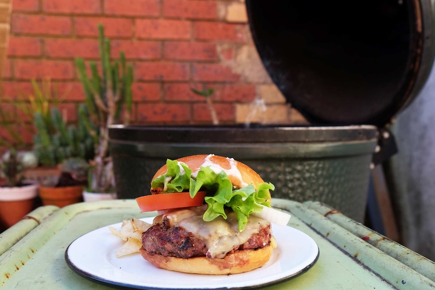 Summer barbeque with a beef burger with melted gouda, white onion, tomato, lettuce and a secret white sauce.
