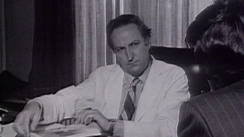 Controversial former Sydney doctor and scientist Dr William McBride looking at an interviewer.