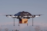 A delivery drone in flight.