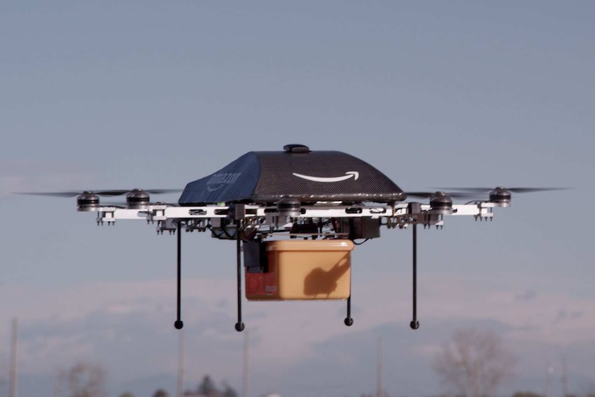 An Amazon delivery drone in flight.