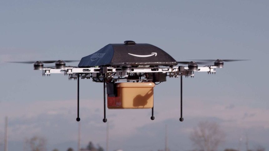 An Amazon delivery drone in flight.