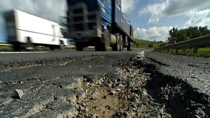 Pothole on the Midland Highway, Tasmania