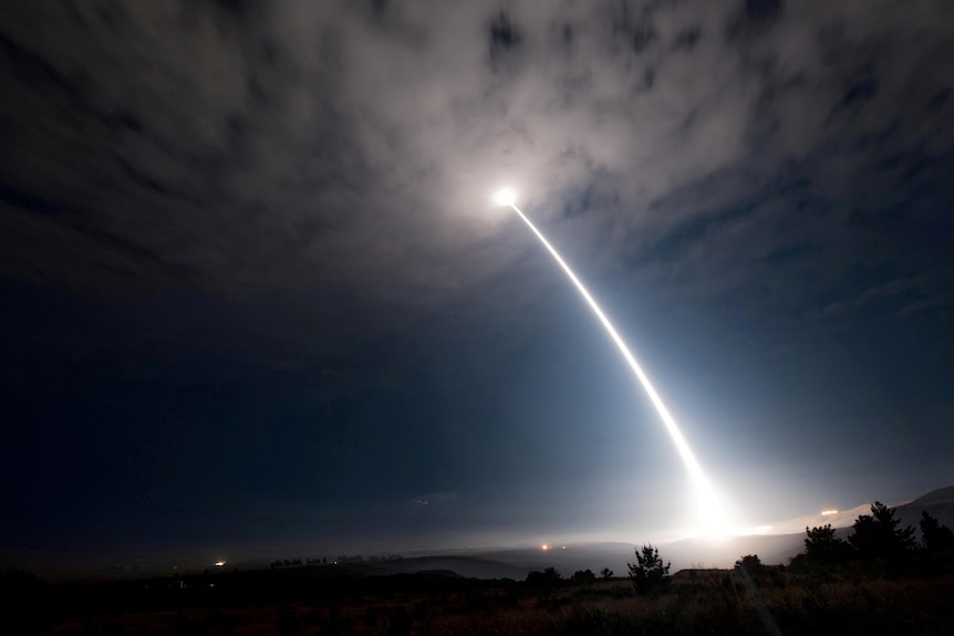 An unarmed Minuteman III intercontinental ballistic missile launches during a night operational test.