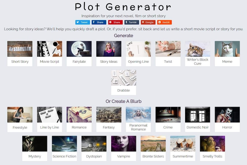 The front page of a website called Plot Generator.