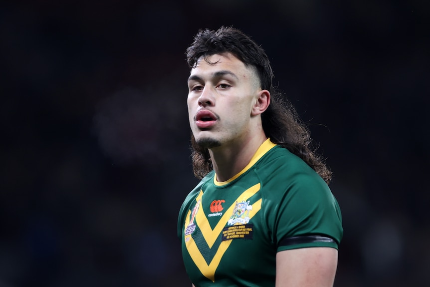 Australian Kangaroos' Tino Fa'asuamaleaui looks on during the Rugby League World Cup final.
