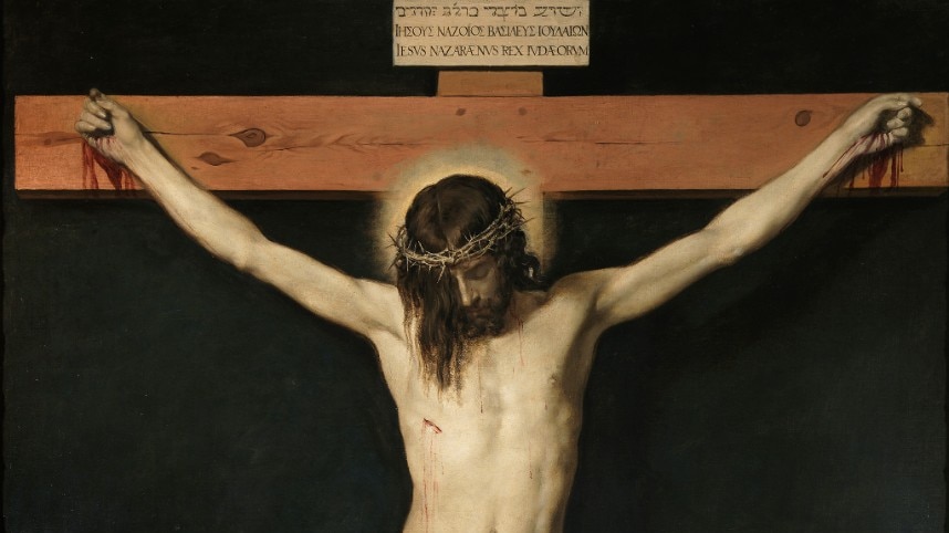 A landscape image showing the first third of a moody painting of Jesus Christ crucified with bloody hands.