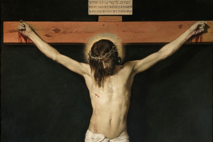 A landscape image showing the first third of a moody painting of Jesus Christ crucified with bloody hands.