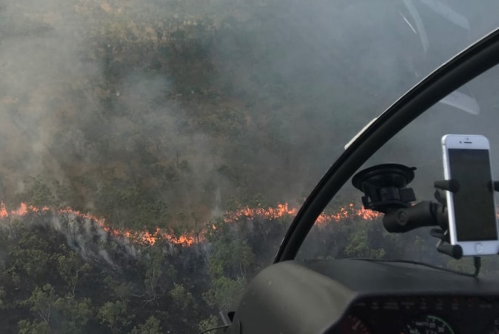 An aerial view of a fire front at Nitmiluk National Park