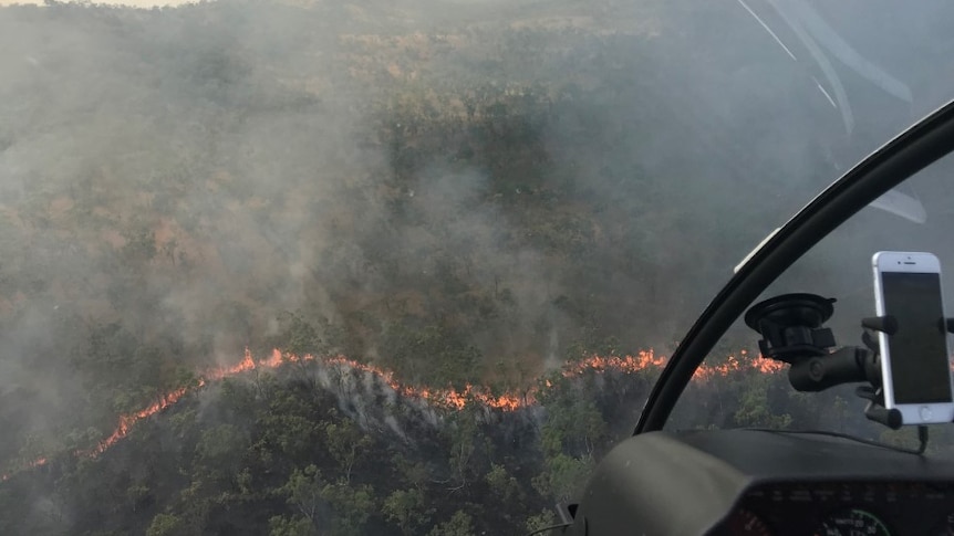 An aerial view of a fire front burning in Nitmiluk National Park in the Northern Territory