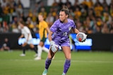 Matildas goalkeeper Mackenzie Arnold about to throw the ball out of goal square