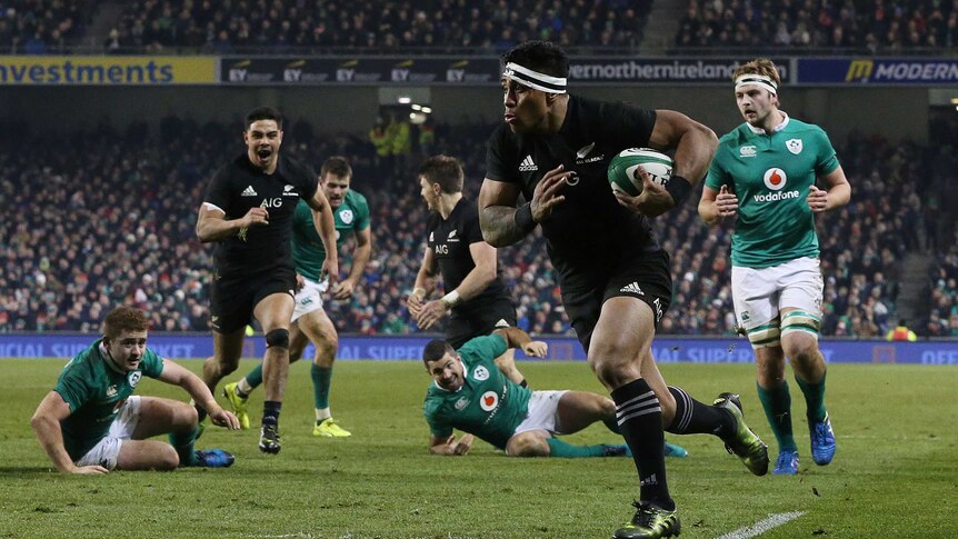Try time ... Malakai Fekitoa crosses for a New Zealand five-pointer against Ireland