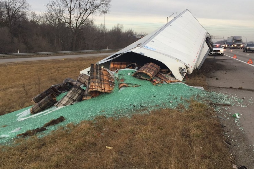 Truck loses trailer full of marbles in Indiana, United States.