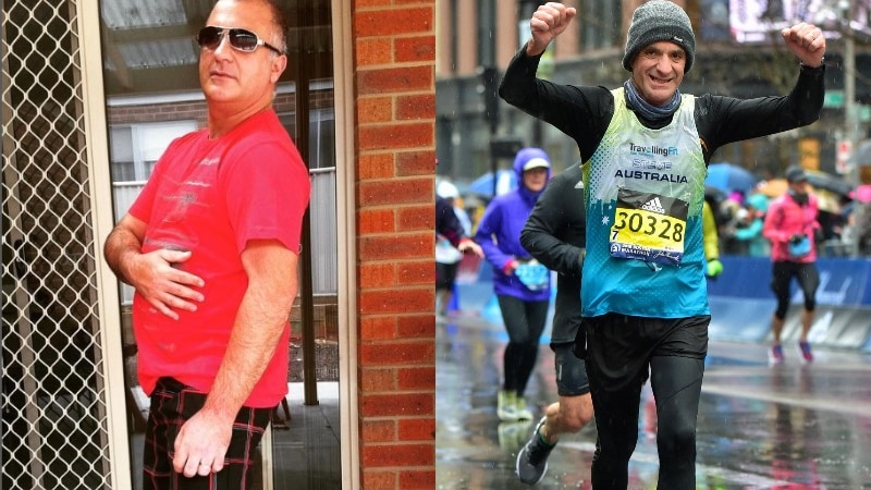 Two images of the same man. In one he is carrying some extra weight. The other shows him completing a marathon.