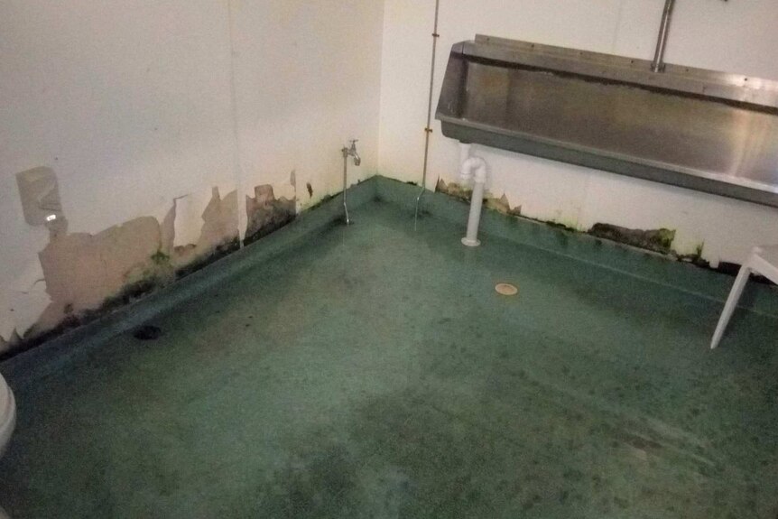 Dirty urinal and wet floor with green mould along the walls
