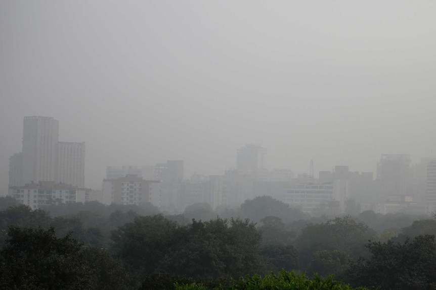 Smog envelops the skyline at noon in New Delhi, India.