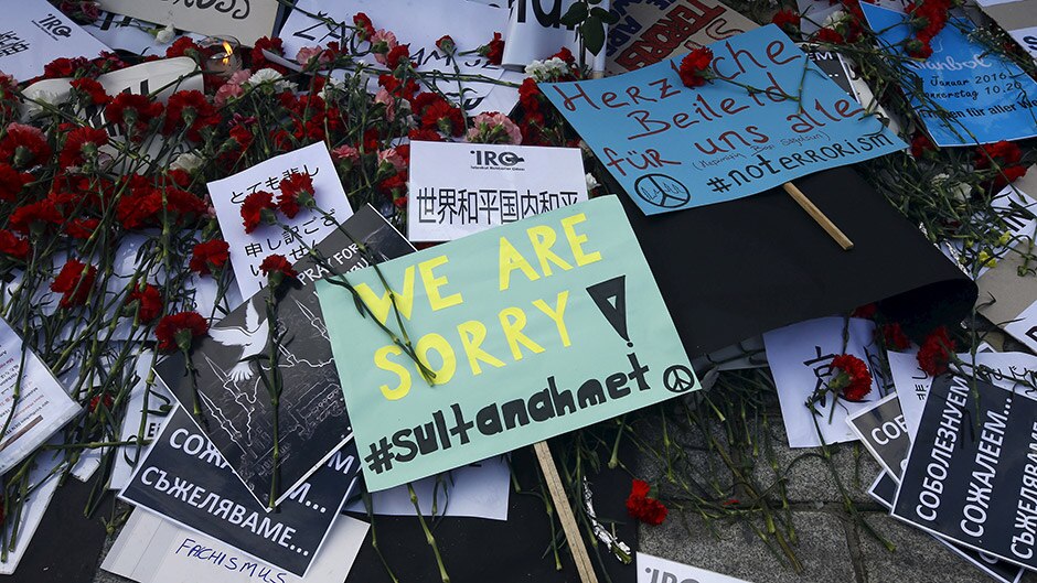 Messages are left in front of the Obelisk of Theodosius where Tuesday's suicide bomb attack took place at in Istanbul, Turkey