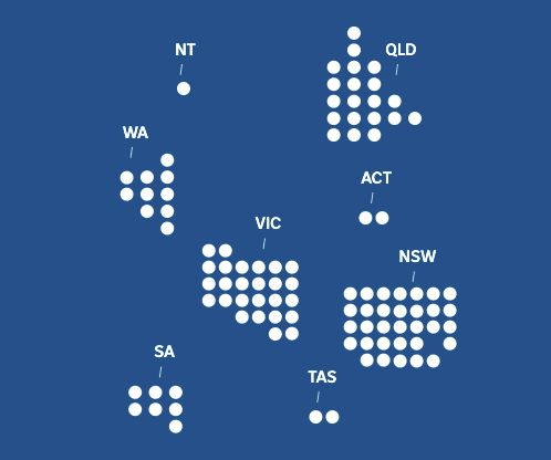 100 white dots in the shapes of Australia's states