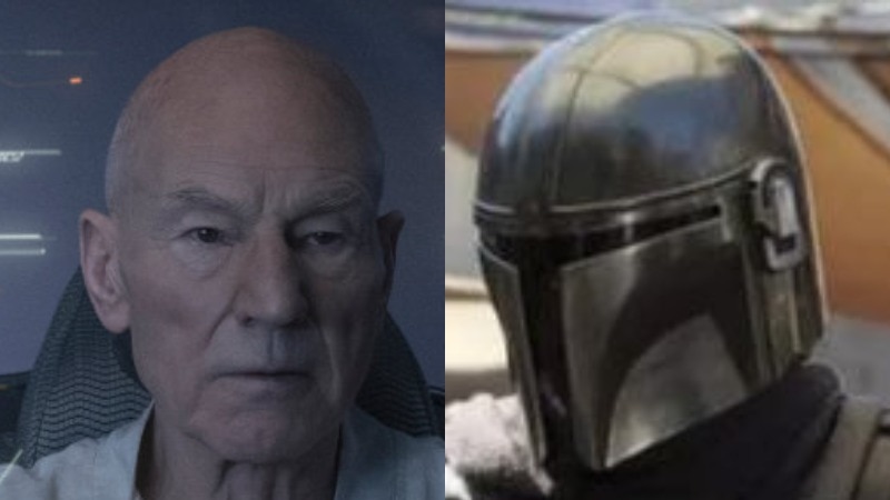 Composite photo of an older Jean-Luc Picard and the Mandalorian.