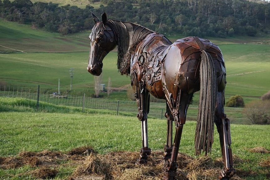 A full size horse made from scrap metal looks at the camera