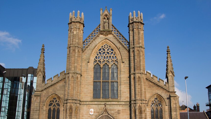 Front view of the gothic facade of St Andrew's Cathedral in Glasgow