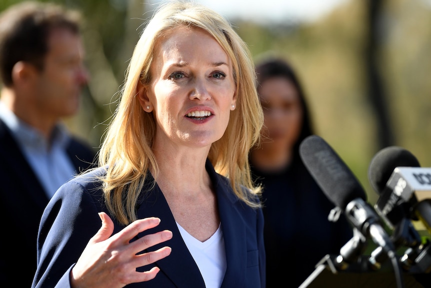 A woman in a suit speaking in front of a microphone