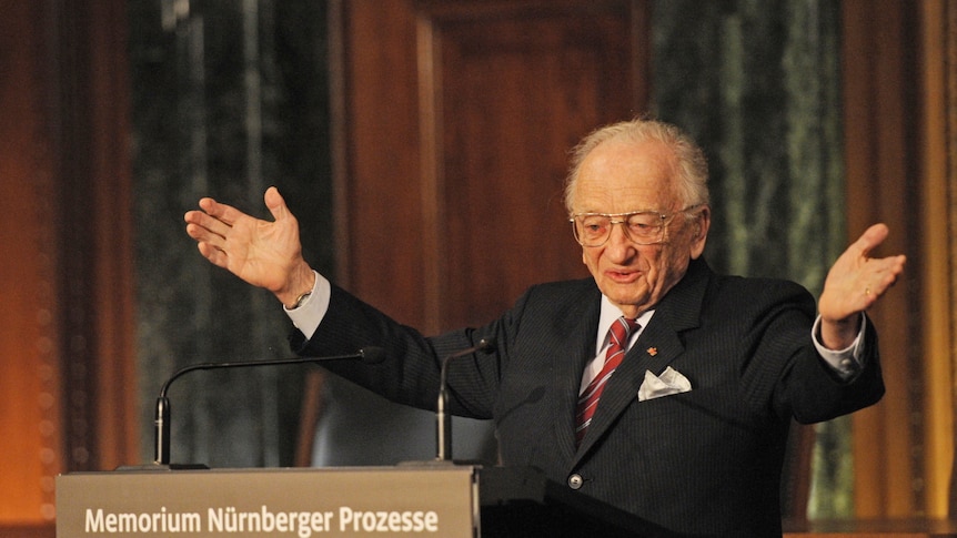 Benjamin Ferencz, Romanian-born American lawyer and chief prosecutor of the Nuremberg war crimes trials speaks at a ceremony.