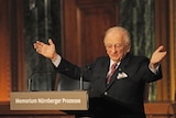 Benjamin Ferencz, Romanian-born American lawyer and chief prosecutor of the Nuremberg war crimes trials speaks at a ceremony.