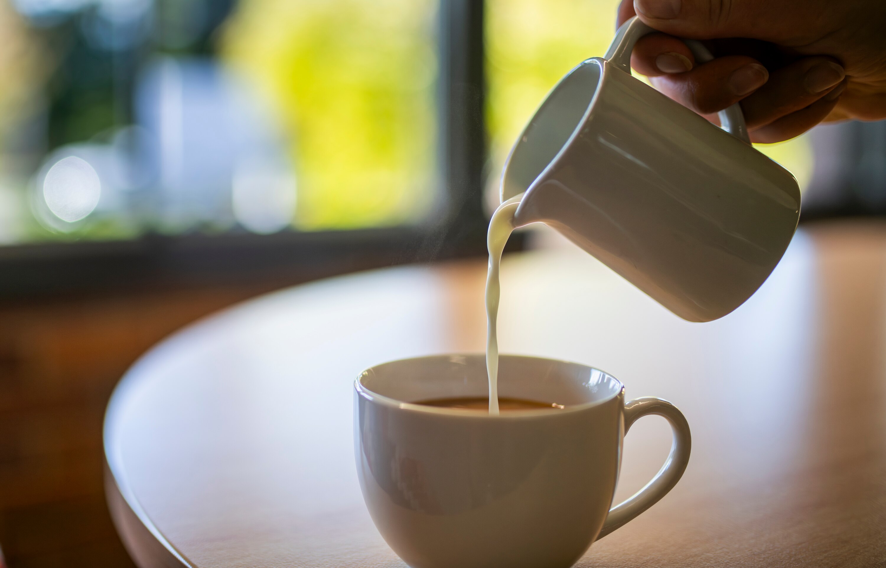 Milk pouring into a cup with soft green background