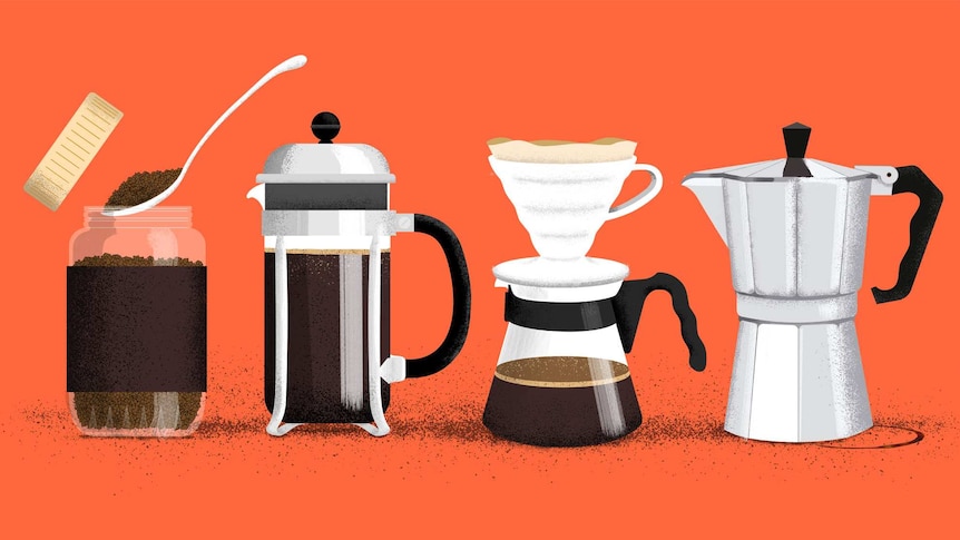 An illustration shows instant coffee, a plunger, a pour-over device and a stovetop coffee maker.