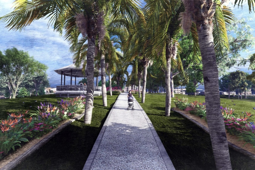 A concept image showing a white path with palm trees and a woman pushing a pram.