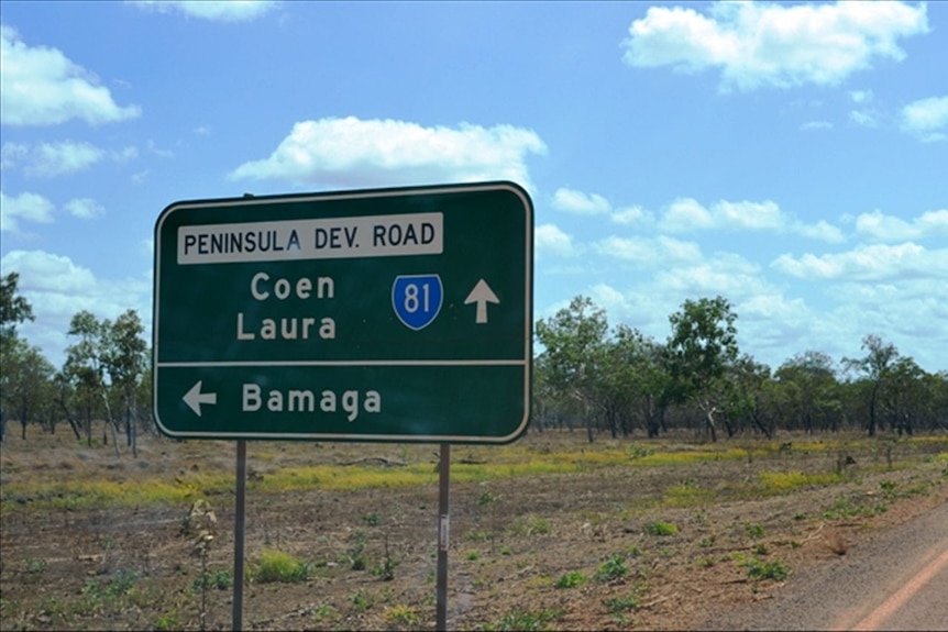 Road sign pointing to Coen or Bamaga on Queensland's Cape York Peninsula.