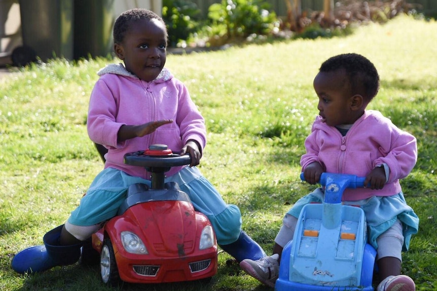 Two children play with ride on toy cars in their yard.