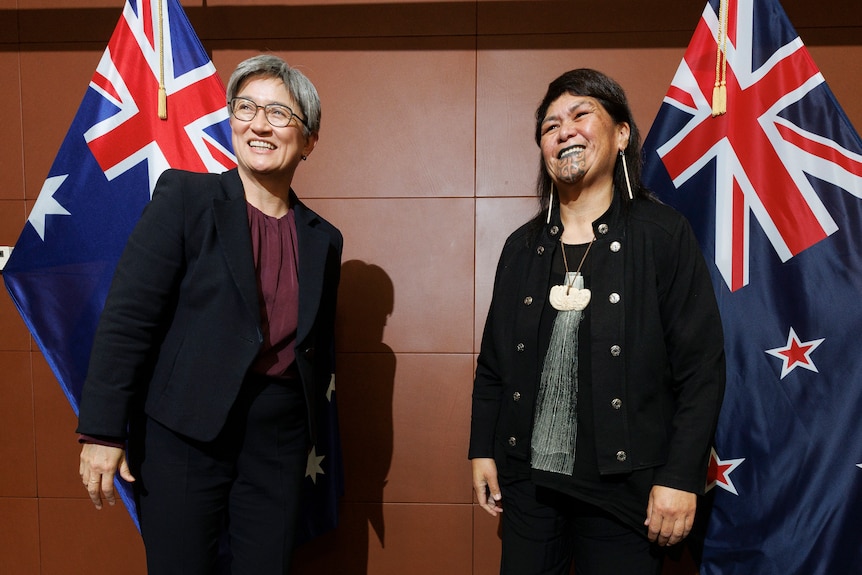 Foreign Minister Penny Wong, left, is welcomed to Parliament House by New Zealand Foreign Minister Nanaia Mahuta 
