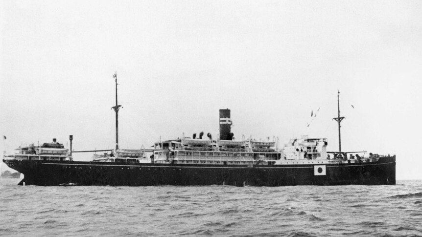 Black-and-white photo of Japanese wartime ship, Montevideo Maru.