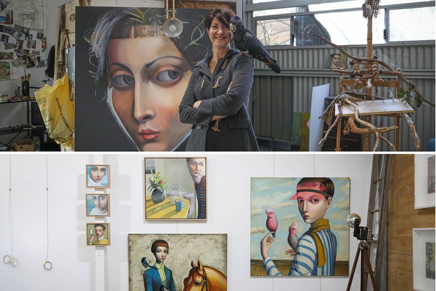 A collage of artworks and a woman with a black cockatoo on her shoulder.