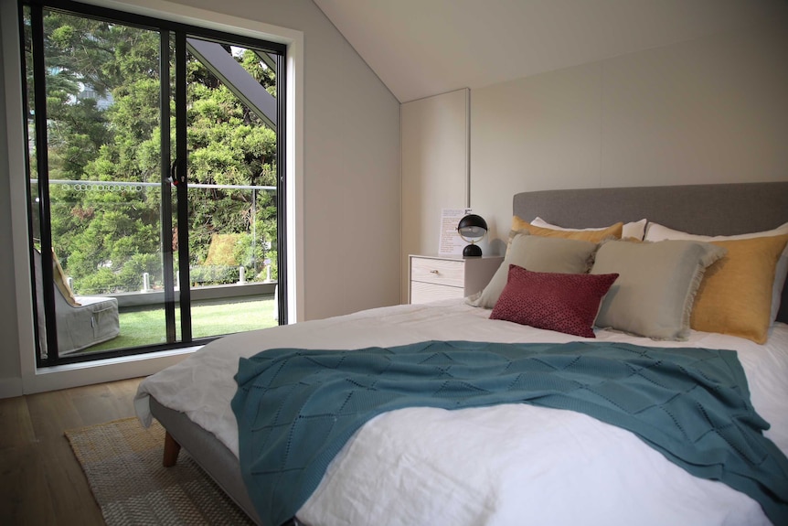 The bedroom of a display home at the Melbourne Flower and Garden.