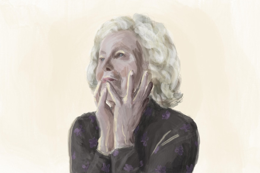 A watercolour illustration of a woman in her 70s looking pensive, with her hands held up to her face.