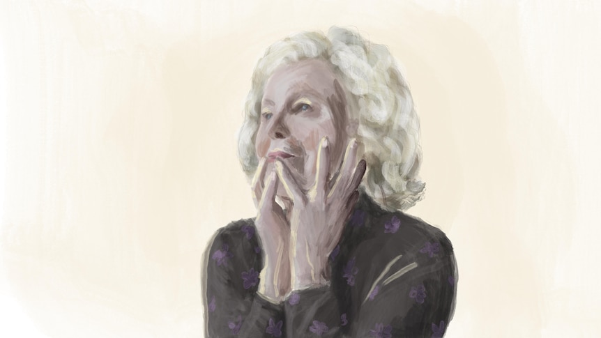 A watercolour illustration of a woman in her 70s looking pensive, with her hands held up to her face.
