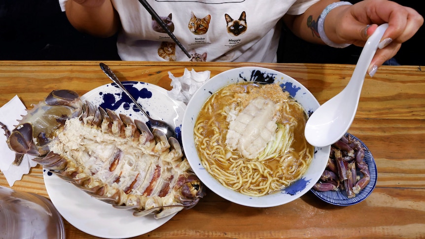 A giant isopod next to a pile of noodles in front of a diner on a table