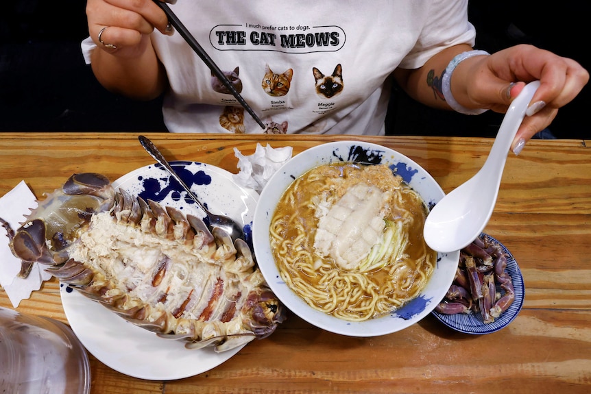 A giant isopod next to a pile of noodles in front of a diner on a table