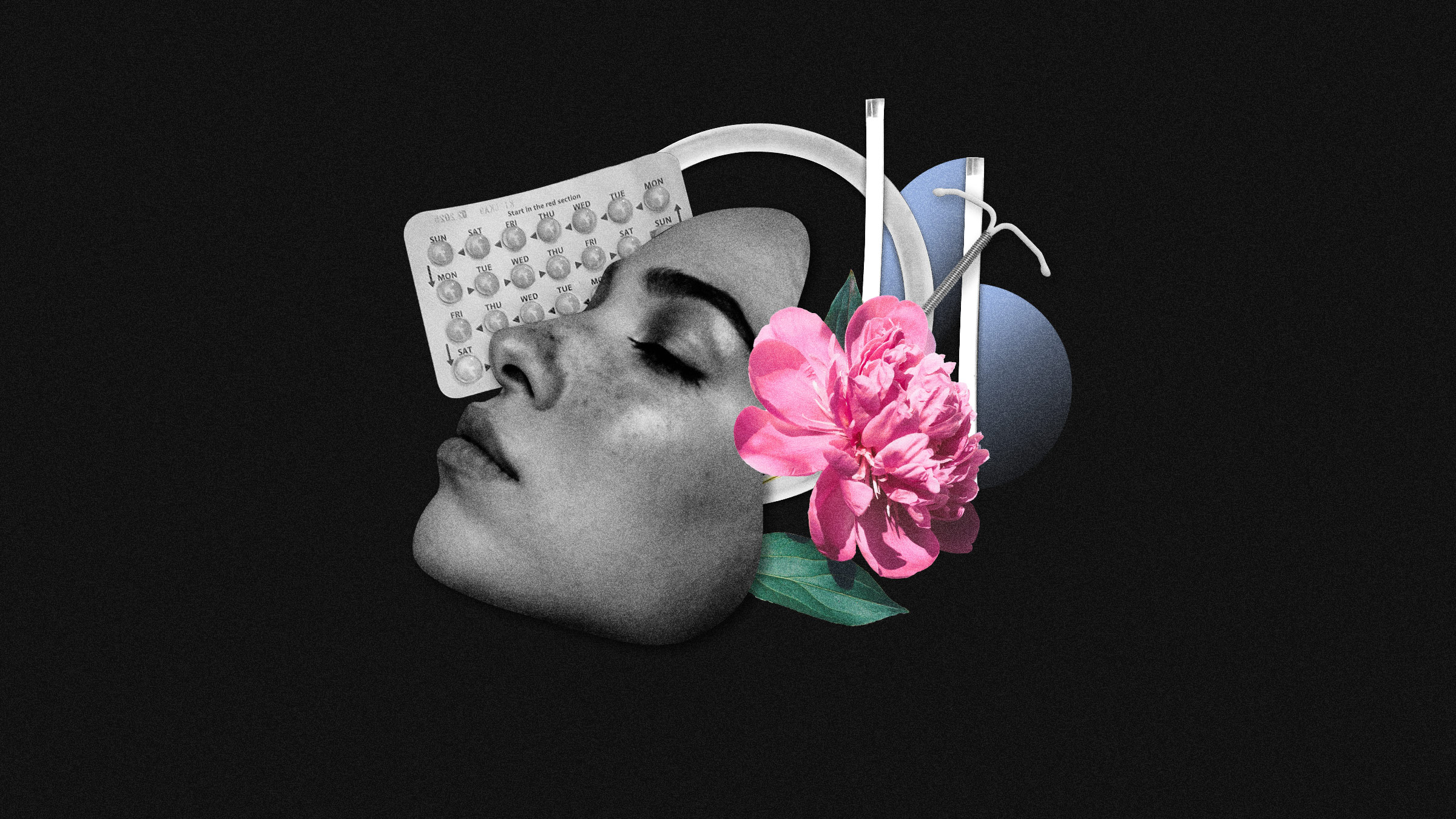 一张黑色背景的拼贴画，在避孕药、宫内节育器和植入棒的图像前闭着眼睛的女人的脸