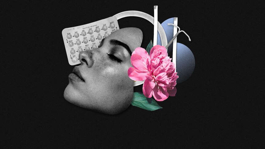 A collage on a black background of a woman's face with her eyes closed in front of images of the pill, an IUD and implant rods