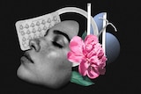 A collage on a black background of a woman's face with her eyes closed in front of images of the pill, an IUD and implant rods