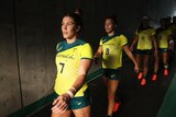 Australian sevens player Charlotte Caslick leads the team out at the Tokyo Olympics