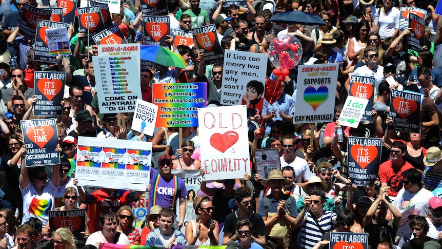 Up to 5,000 protesters supporting gay marriage converge on the National ALP Conference in Sydney, on Saturday, December 3, 2011.